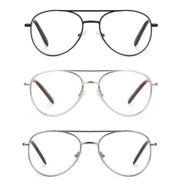 EYE ZOOM Lot de 3 lunettes de lecture style aviateur avec monture en métal et anti-UV400 pour homme et femme, noir, or et bronze