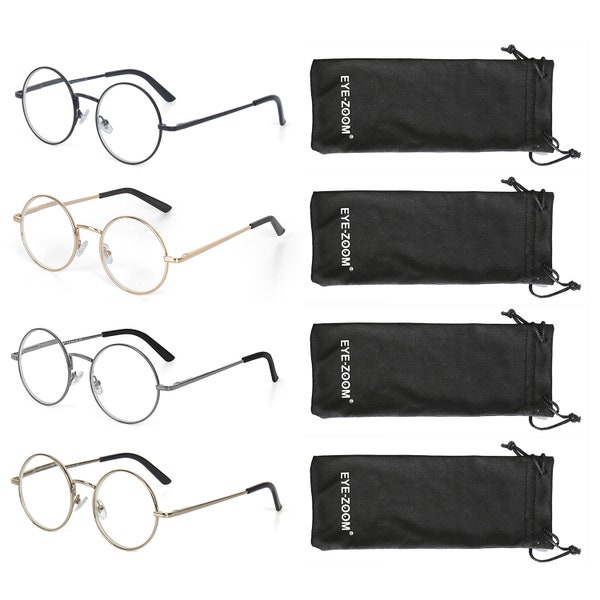 EYE ZOOM 4 Pack Unisex Circle Shaped Readers Metal Frame Round Reading Glasses with Spring Hinge (Black, Gold, Gunmetal and Silver)