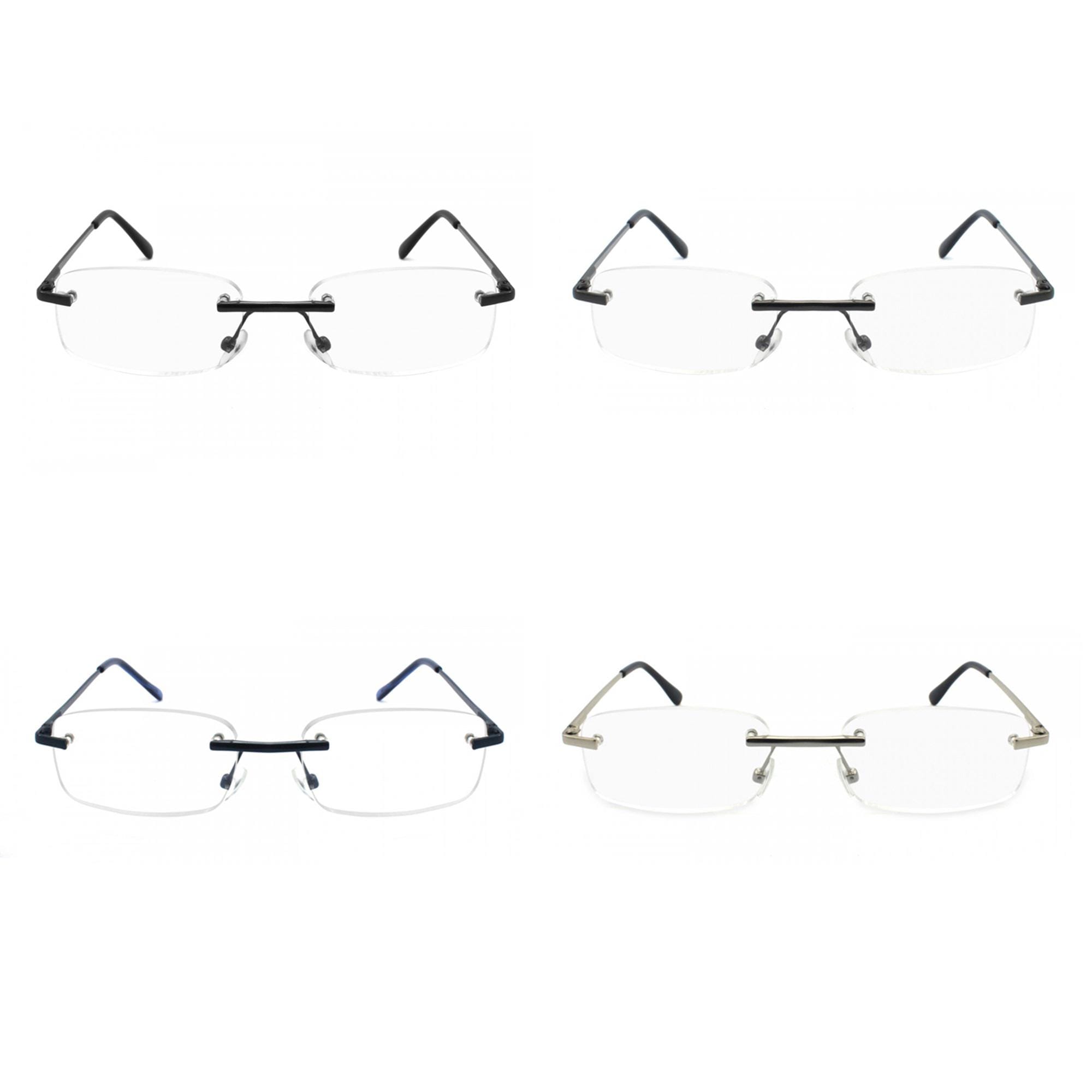 EYE ZOOM 4 Pack Rimless Reading Glasses Unisex Rimless Metal Frame Readers with Pouch for Men and Women, Black, Gray, Blue and Silver