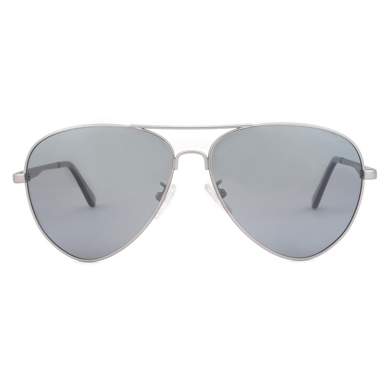 May include: Silver aviator sunglasses with dark gray lenses.