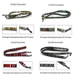 May include: Four sets of fabric spectacle ropes labeled EZ-SS01, EZ-SS02, EZ-SS03, and EZ-SS04. Each rope features distinct woven patterns in multi-colored threads, silver-toned metal end caps, and black rubber loops. Lengths are 28.15 or 26.57 inches.