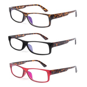 May include: Three pairs of eyeglasses with tortoise shell frames and blue light blocking lenses. The frames are available in brown, black, and red.