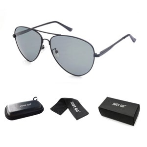 May include: Black aviator sunglasses with gray lenses, a black microfiber cleaning cloth, and a black hard case with the text "JUST GO" printed on it.