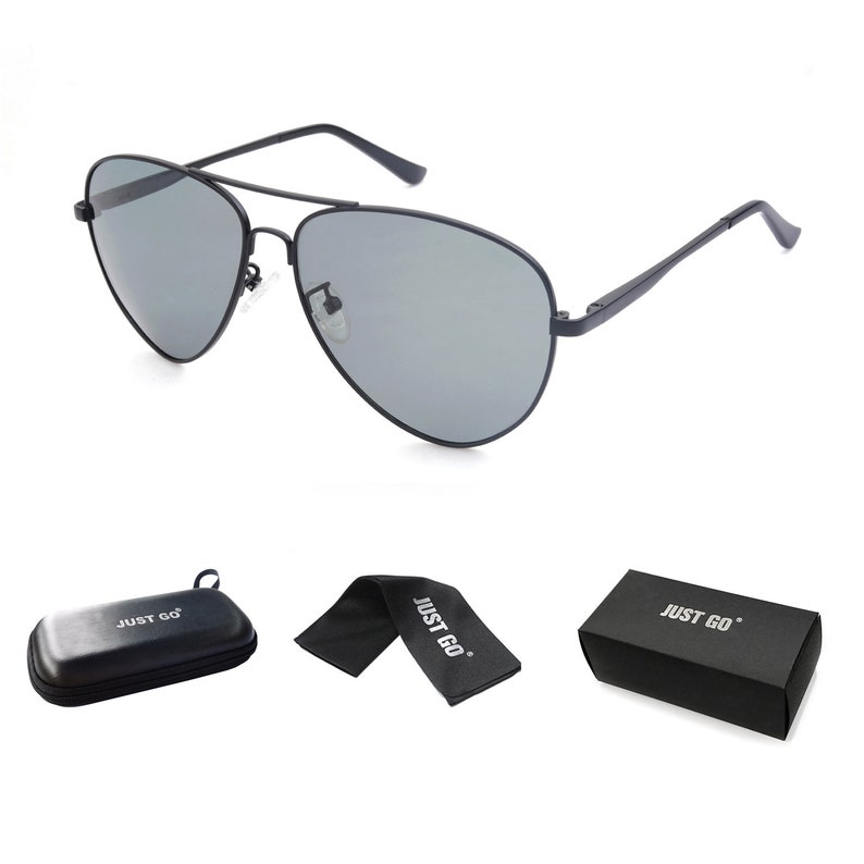 May include: Black aviator sunglasses with gray lenses, a black microfiber cleaning cloth, and a black hard case with the text "JUST GO" printed on it.