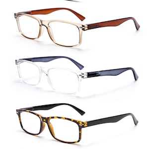 May include: Five pairs of reading glasses with different colored frames. The frames are black, brown, clear, tortoise shell, and blue. The lenses are clear.