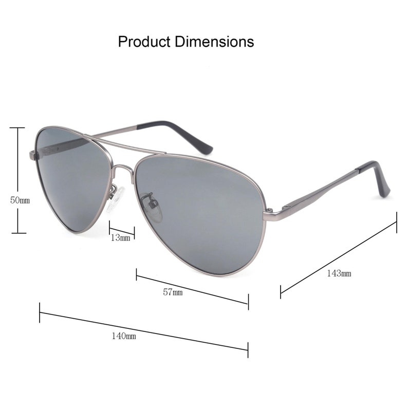 May include: Silver aviator sunglasses with gray lenses. The sunglasses measure 5.7 inches wide, 1.4 inches tall, and 5.6 inches long.