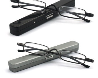 EYE ZOOM 2 Pack Metal Super Light Mini Reading Glasses with Compact hard Case, Black, Gunmetal