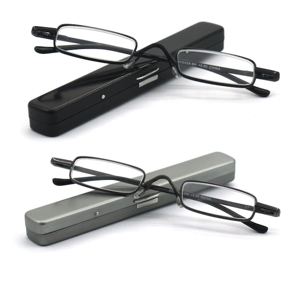 EYE ZOOM 2 Pack Metal Super Light Mini Reading Glasses with Compact hard Case, Black, Gunmetal