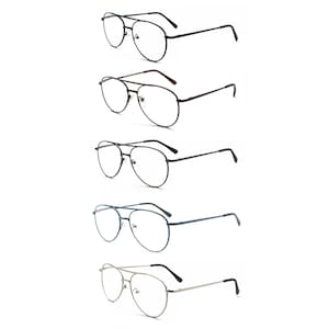 May include: Five pairs of aviator style eyeglasses with clear lenses. The frames are in different colours: black, brown, silver, dark blue, and light blue.