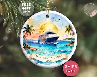 May include: Round ceramic ornament featuring a watercolor painting of a cruise ship sailing on blue water towards a sunset. Palm trees and seagulls are visible. The banner reads "Allen Family Cruise 2025". A gold string is attached for hanging.