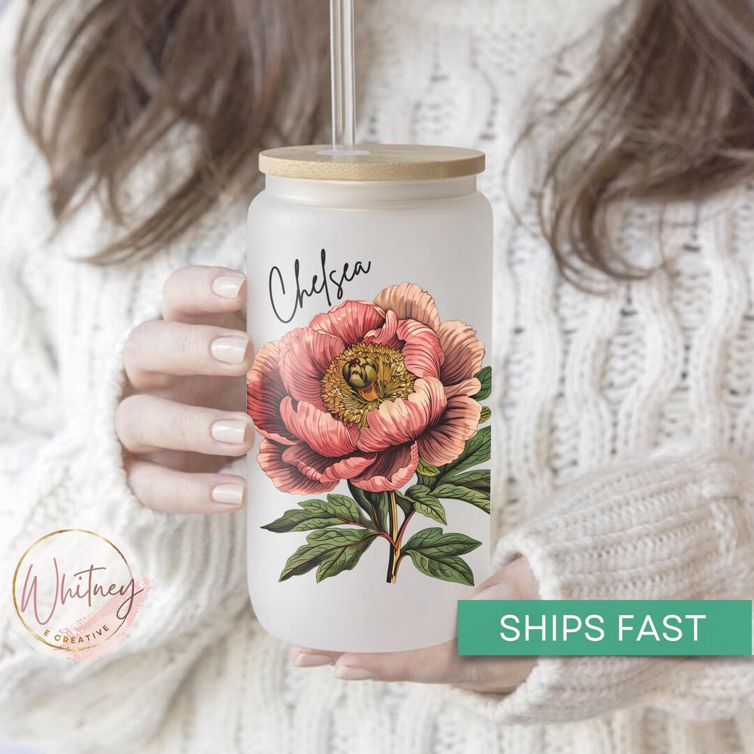 Personalized Peony Floral Tumbler 20oz | Custom Name Watercolor Flower Skinny Travel Cup Gift, Stainless Steel Tumbler, 20oz