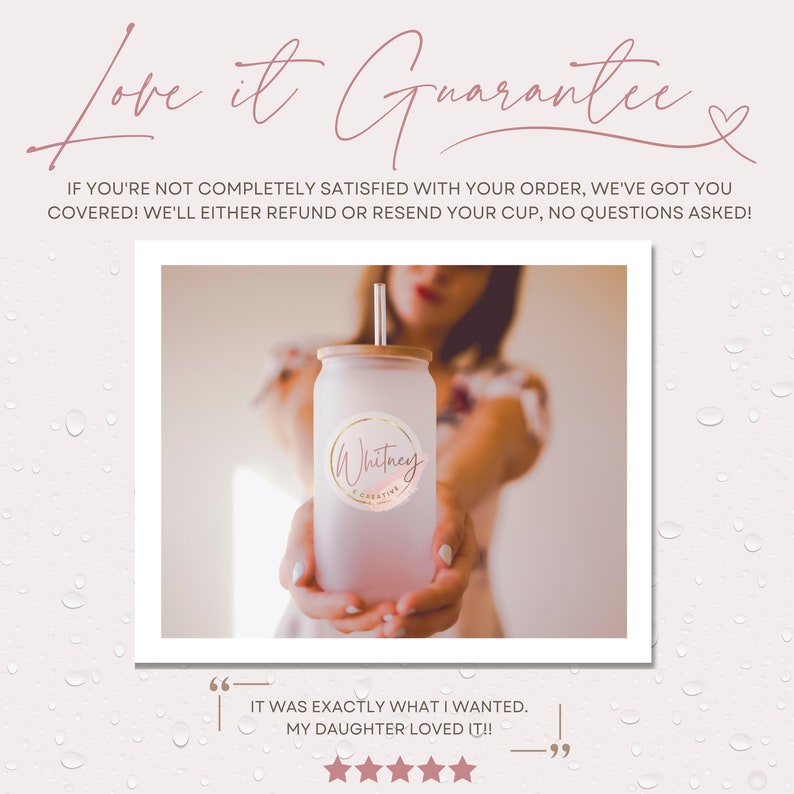 May include: A white tumbler with a straw and a gold sticker that says "Whitney Creations". The tumbler is being held by a person. The background is white with water droplets.