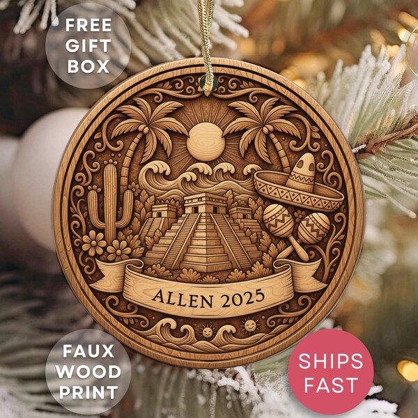 Personalized Mexico Ornament, Custom Vacation Souvenir Ornament, Faux Carved Wood Mexico Gift Keepsake of Mexico Travel Landmark Ornament