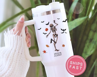 Personalized Dancing Skeleton Tumbler 40oz, Custom Skeleton Cup for Halloween Lover Tumbler, Funny Halloween Spooky Cute Cup, Halloween Cup