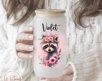 Personalized Raccoon Glass Cup, Custom Raccoon Cup Birthday Gift for Raccoon Lover, Raccoon Frosted Glass Cup Raccoon Tumbler Birthday Gift