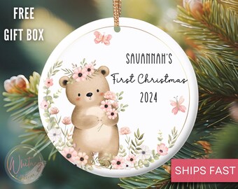 Personalized Baby Girls First Christmas Ornament, Custom Baby Girl Ornament Baby’s 1st Christmas Gift, Newborn Girl First Christmas Ornament