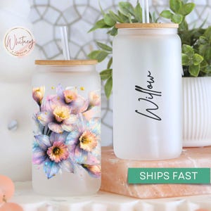 Personalized Narcissus Tumbler Cup, Custom Narcissus December Birth Flower Iced Coffee Cup Narcissus Frosted Glass Coffee Cup Narcissus Gift