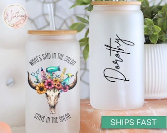 Personalized Hair Stylist Tumbler, Custom Hair Dresser Frosted Glass Cup, Barber Salon Hair Stylist Coffee Cup Gift For Salon HairStylist