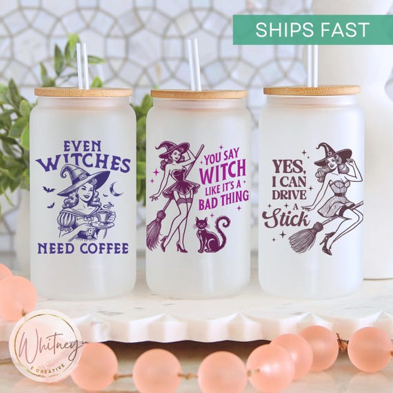 Personalized Funny Witch Tumbler, Halloween Frosted Glass Cup Witch Gift, Funny Witch Gift, Retro Halloween Witch Cup Gift Funny Halloween