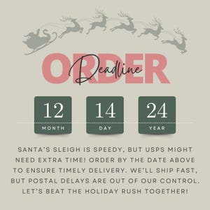 May include: A graphic with a red and white text overlay that says "Order Deadline" with a reindeer and sleigh illustration above the text. Below the text are three boxes with the numbers 12, 14, and 24. The boxes are labeled "Month", "Day", and "Year". The text below the boxes reads: "Santa's sleigh is speedy, but USPS might need extra time! Order by the date above to ensure timely delivery. We'll ship fast, but postal delays are out of our control. Let's beat the holiday rush together!"