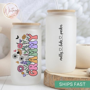 Personalized Grammy Cup With Grandkids Names, Custom Grammy Wildflowers frosted coffee cup can Gift Grammy tumbler Birthday Gift for Grammy