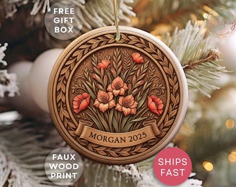 Personalized August Birth Flower Ornament, Custom Faux Wood August Floral Ornament, August Birthday Keepsake, Bridesmaid Proposal Gift