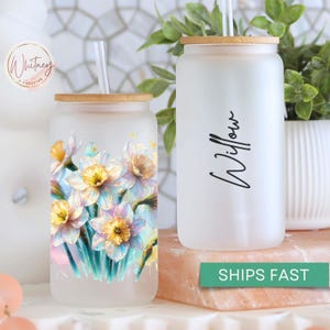Personalized Narcissus Tumbler Cup, Custom Narcissus December Birth Flower Iced Coffee Cup Narcissus Frosted Glass Coffee Cup Narcissus Gift