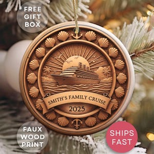 Personalized Cruise Ship Ornament, Faux Wood Cruise Souvenir, Custom Family Vacation Ornament, Nautical Travel Keepsake Travel Ornament