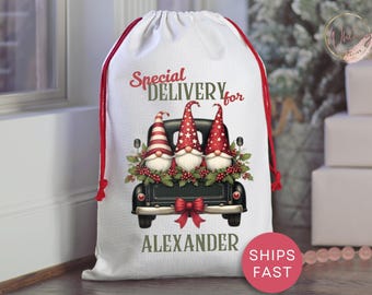 Custom Gnome Christmas Bag, Personalized Gnome Truck Christmas Gift Bag, Gnome Holiday Gift Sack for Kids  Reusable Fabric Gnome Santa Tote