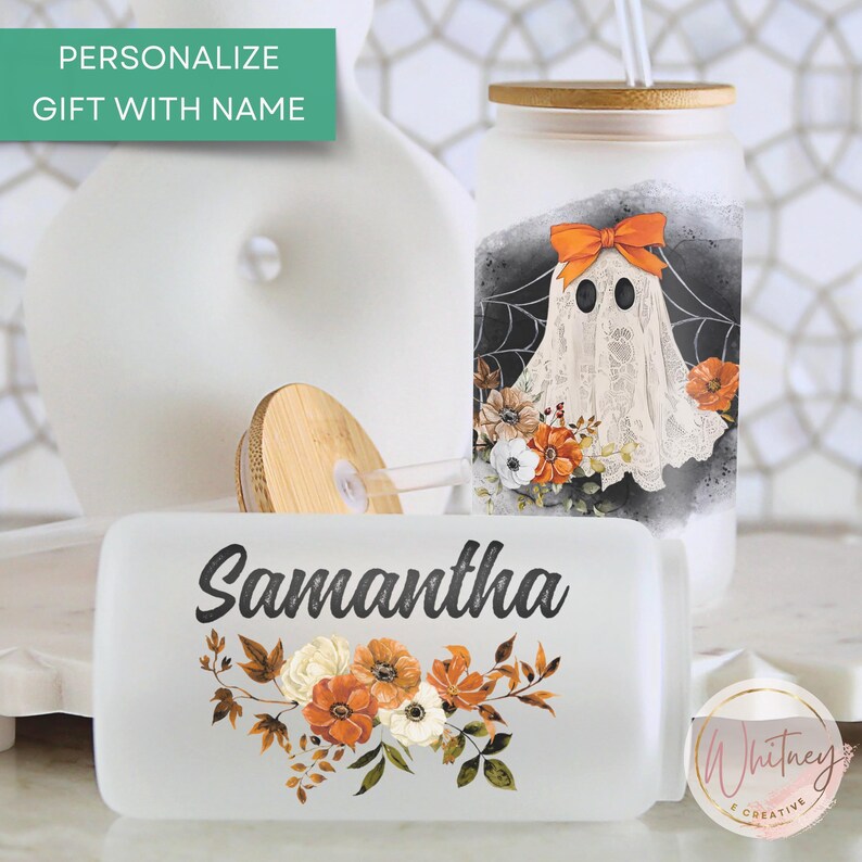 May include: A white frosted glass jar with a bamboo lid and a ghost with a floral design. The jar is personalized with the name Samantha.