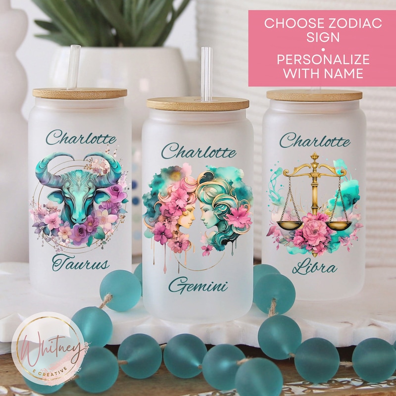 Custom Zodiac Glass Cup, Personalized Celestial Astrology Sign Tumbler Frosted Glass Can Coffee Cup Zodiac Glass Tumbler Best Friend Gift
