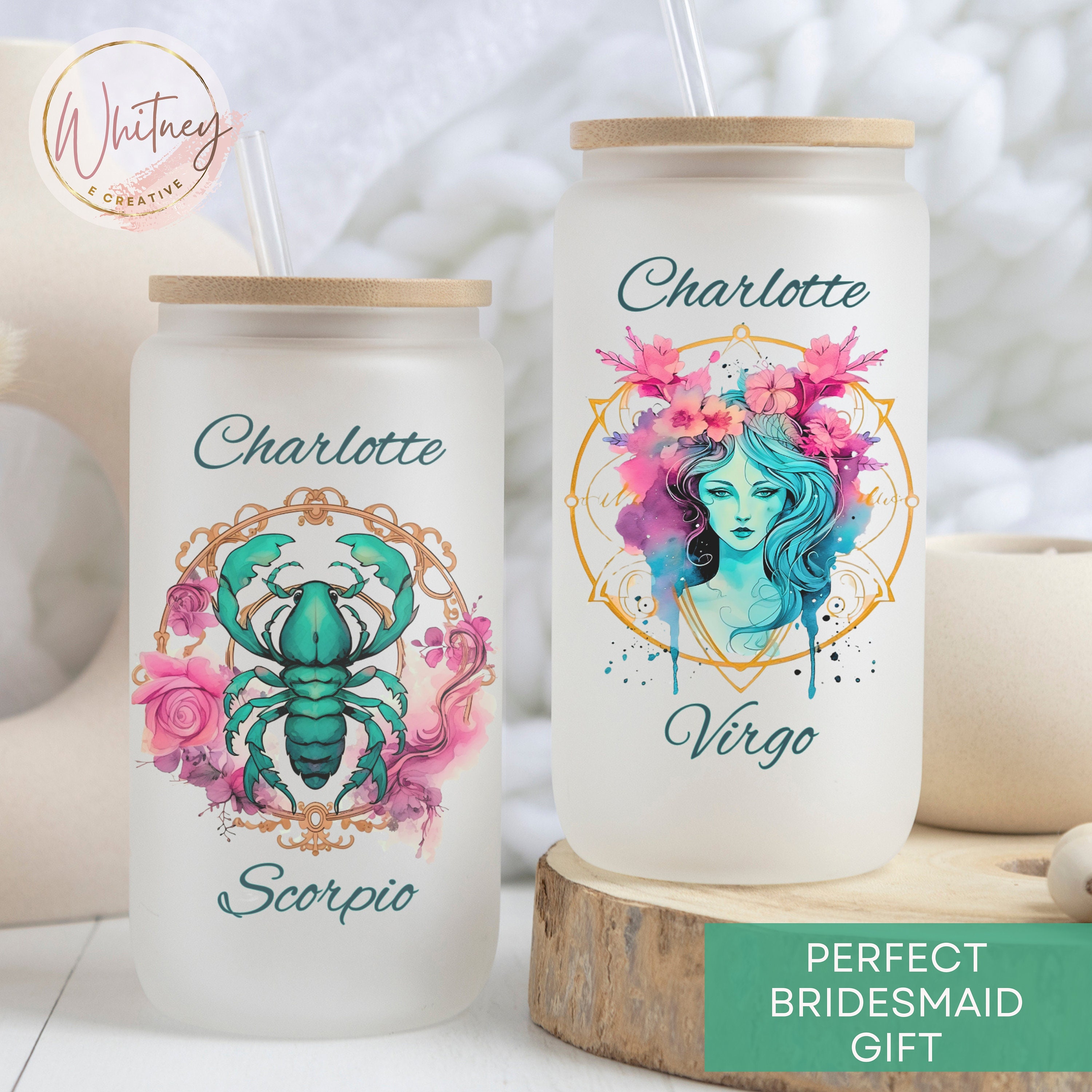 Custom Zodiac Glass Cup, Personalized Celestial Astrology Sign Tumbler ...
