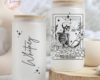 Taza de café con hielo personalizada del Tarot del lector, lata de vaso de lectura de esqueleto, taza de amante del libro de regalo para amantes de los libros, regalo de libro, regalo de la copa del club de lectura