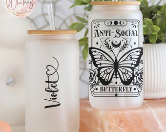 Personalized Anti-Social Butterfly Tarot Card Frosted Glass Tumbler Cup Antisocial Birthday Gift for Anti-Social Friend Ice Coffee Cup Gift