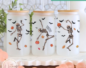 Personalized Halloween Dancing Skeleton Tumbler, Halloween Frosted Glass Cup, Halloween Lover Gift Skeleton Can Cup Gift, Spooky Season Gift