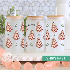 Personalized Christmas Tree Cake Tumbler, Custom Christmas Tree Cake Frosted Glass Cup Snack Cake Lover Gift Holiday Cake Tumbler Cup Gift