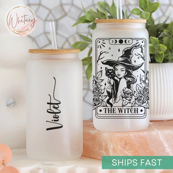 Personalized The Witch Tarot Ice Coffee Cup, Witch Tarot Tumbler, Witch Tarot Halloween Glass Cup Gift,  Witch Birthday Iced Coffee Cup Gift