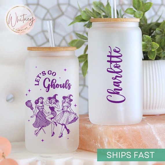 Personalized Lets Go Ghouls Tumbler, Halloween Frosted Glass Cup Witch Cup, Funny Witch Gift, Retro Halloween Witch Cup Gift Funny Halloween