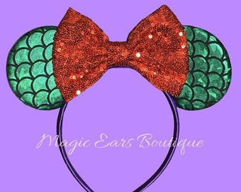 Mermaid Minnie Ears, Ariel Sequin Ears, Green Scale Ears, White Scale Ears, Mermaid Ears, Green Ocean Ears, Red Bow Ears, Gift, Disneboundin