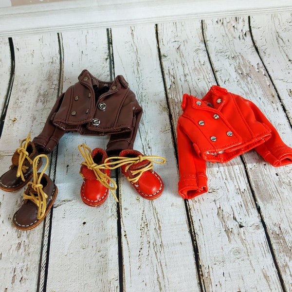 Red Brown Leather Jacket Outfit for Doll 12'' Blythe  Fashion Clothes Moveable Jointed 1/6 Dolls BJD Toys