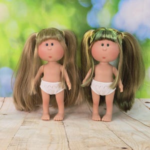 Doll Mia 9'' Girl from Nines d'Onil Brown-Green Blend Warm honey-blonde hair in long pigtails