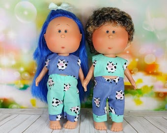 Cow Farmer pants top for doll Mia 12'' Pippa blue mint