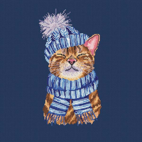 Cat in Hat Cross Stitch Pattern X-Stitch Christmas Kitten Scarf Pompon Pattern PDF Funny Animals Winter Holliday
