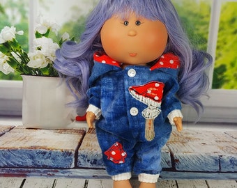 Doll Mia l 12''  Ice Light Blue Girl Modern Blue Embroidery Mushroom Romper Sleeper  Handmade wig