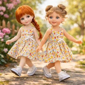May include: Two dolls are walking hand-in-hand. They wear floral dresses with white bows and trainers. One doll has red hair in a plait, the other blonde hair in buns. They are on a path. The dresses have yellow, red, and blue flowers.
