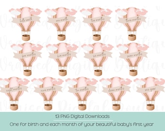 Pink Hot Air Balloon Baby Milestone PNG Bundle (Digital Download)
