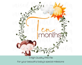 Safari Animals 10 Month Baby PNG: Jungle Milestone (Digital Download)