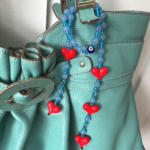 Blue and Red Heart Long Beaded Bag Charm