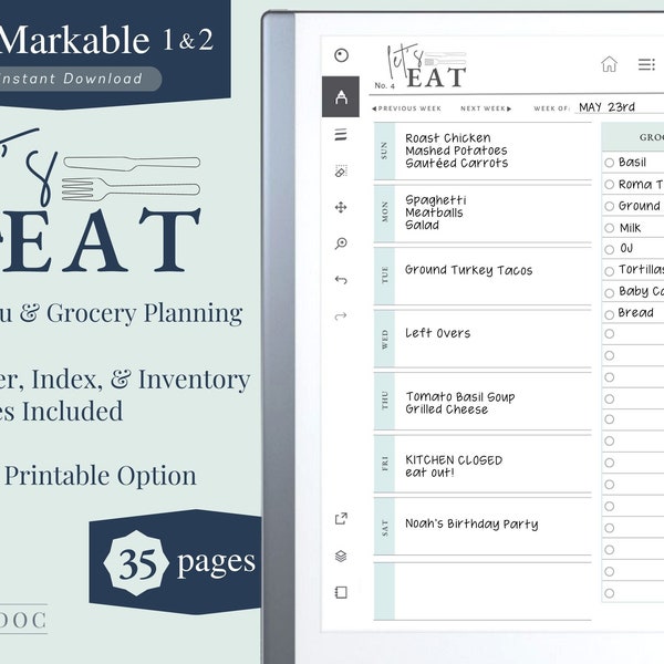 reMarkable 1 & 2 Menu Meal Grocery Planner | Right Hand | PDF Printable