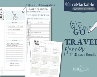 Planificador de viajes reMarkable / Itinerario de viaje de 21 páginas (PDF imprimible)